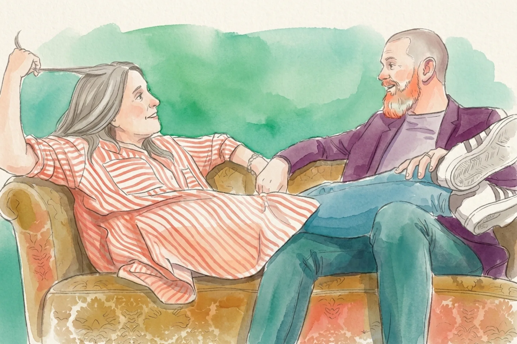 Watercolor of Frida Spikdotter and Mark Dixon sitting on an ornate sofa, mid-conversation.